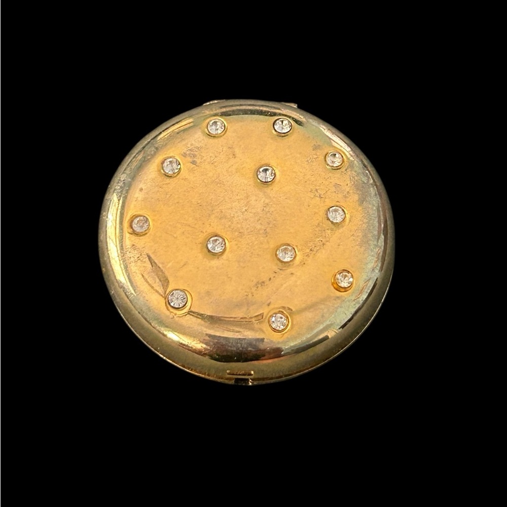 VTG Estee Lauder Circle Mirror Compact w/Rhinestones Gold Engraved w/Name FLAW